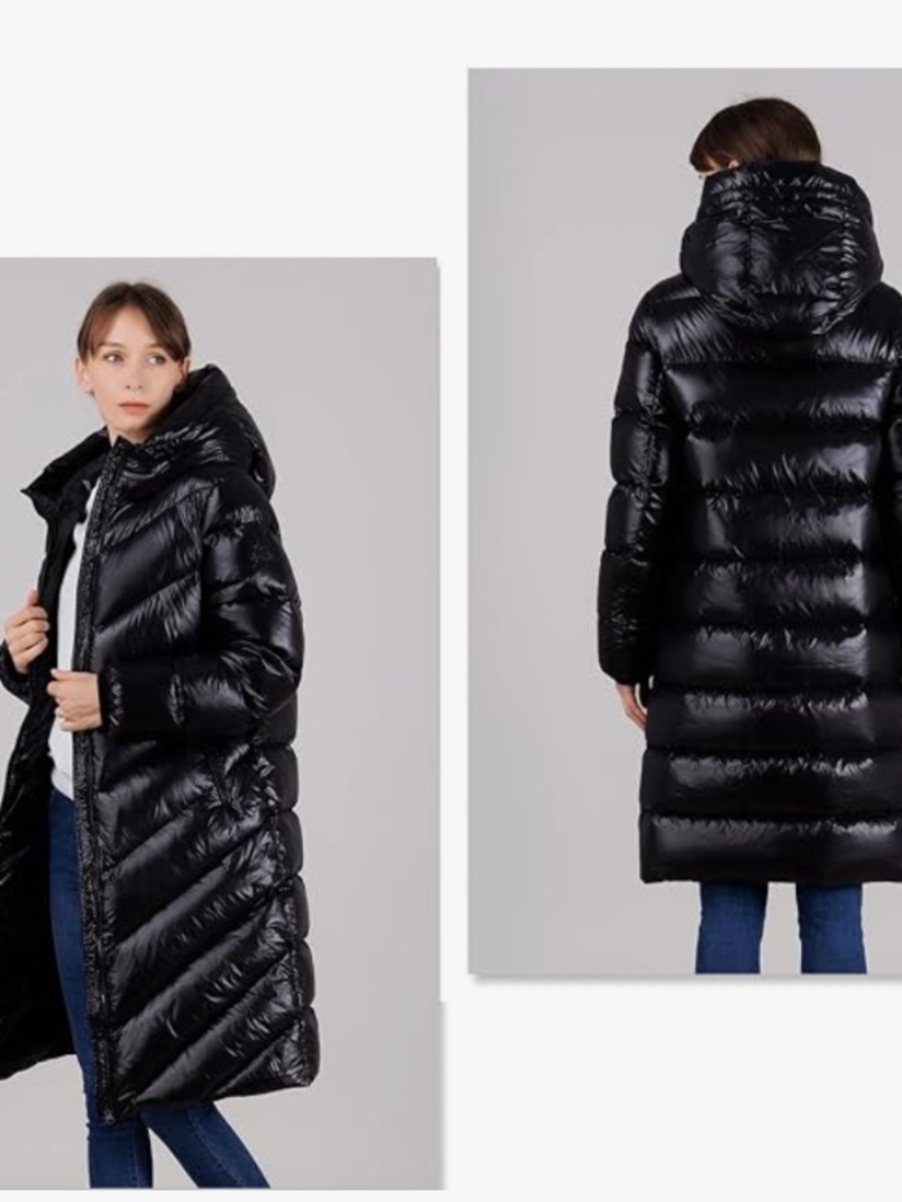 iDomosee Black Long Hooded Puffer Coat Women's Chevron Quilted Winter Jacket